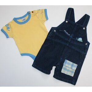 Please Mum Boy's Yellow Vroom Bodysuit and Denim Shortalls Bib Overalls size 0-6